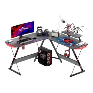 GAMEON L-Shaped Slayer I Series Gaming Desk – Black, 129×129×74cm, Headset Hook, Cup Holder & Accessories Stand
