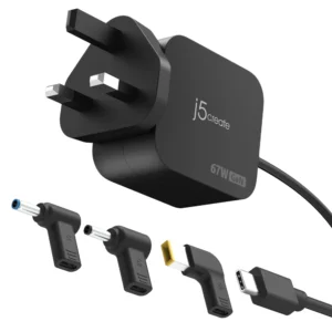 67W GaN PD USB-C® Mini Charger – Multi-Device Charging with 3 DC Connectors (UK Plug)